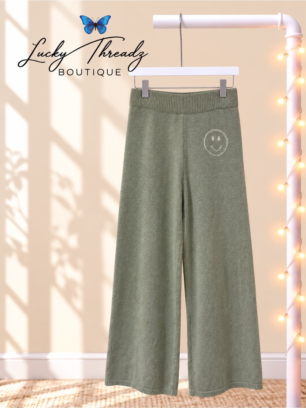 Moon & Madison Sage Green Knit Wide Leg Pants Smiley Happy Face Loungewear Small